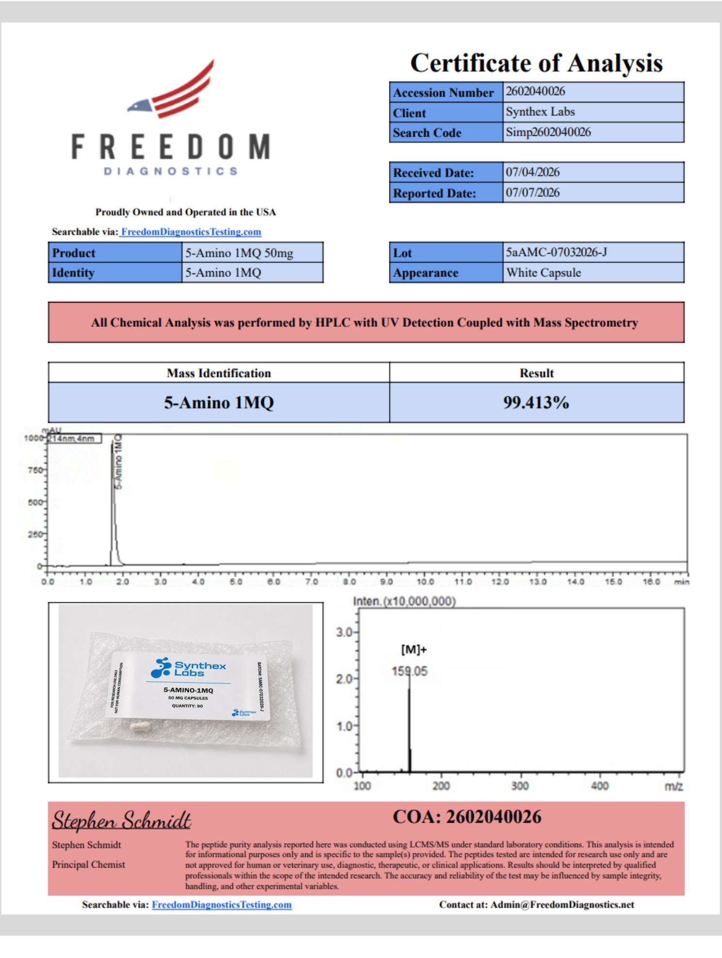 Certificate of Analysis 2602040026 — 5-Amino-1MQ, 99.413% by HPLC/MS