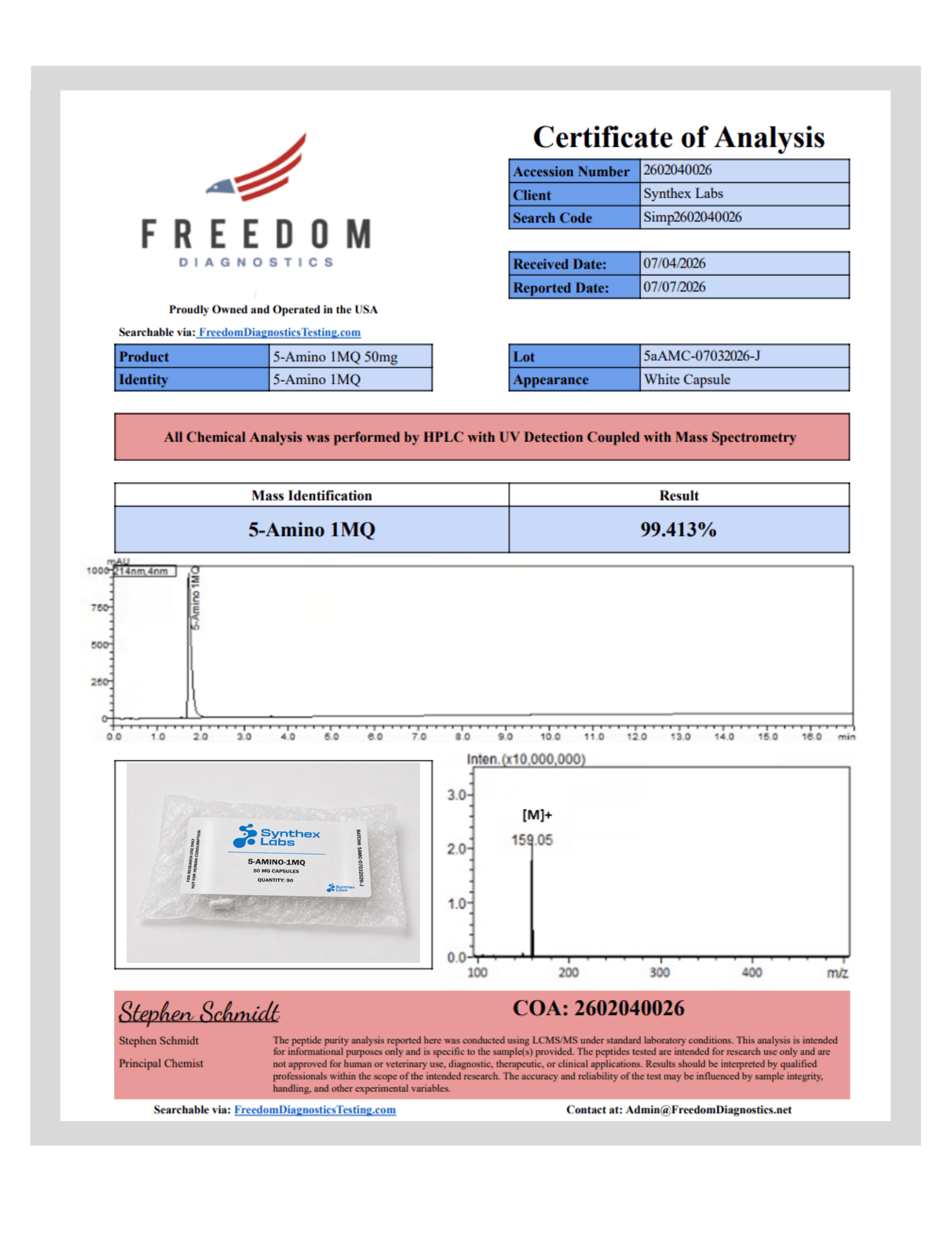 Freedom Diagnostics Certificate of Analysis for 5-Amino-1MQ 50 mg capsules showing 99.413%