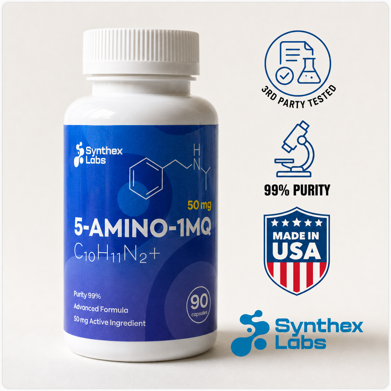 5-Amino-1MQ bottle with third-party tested, purity, and Made in USA badges