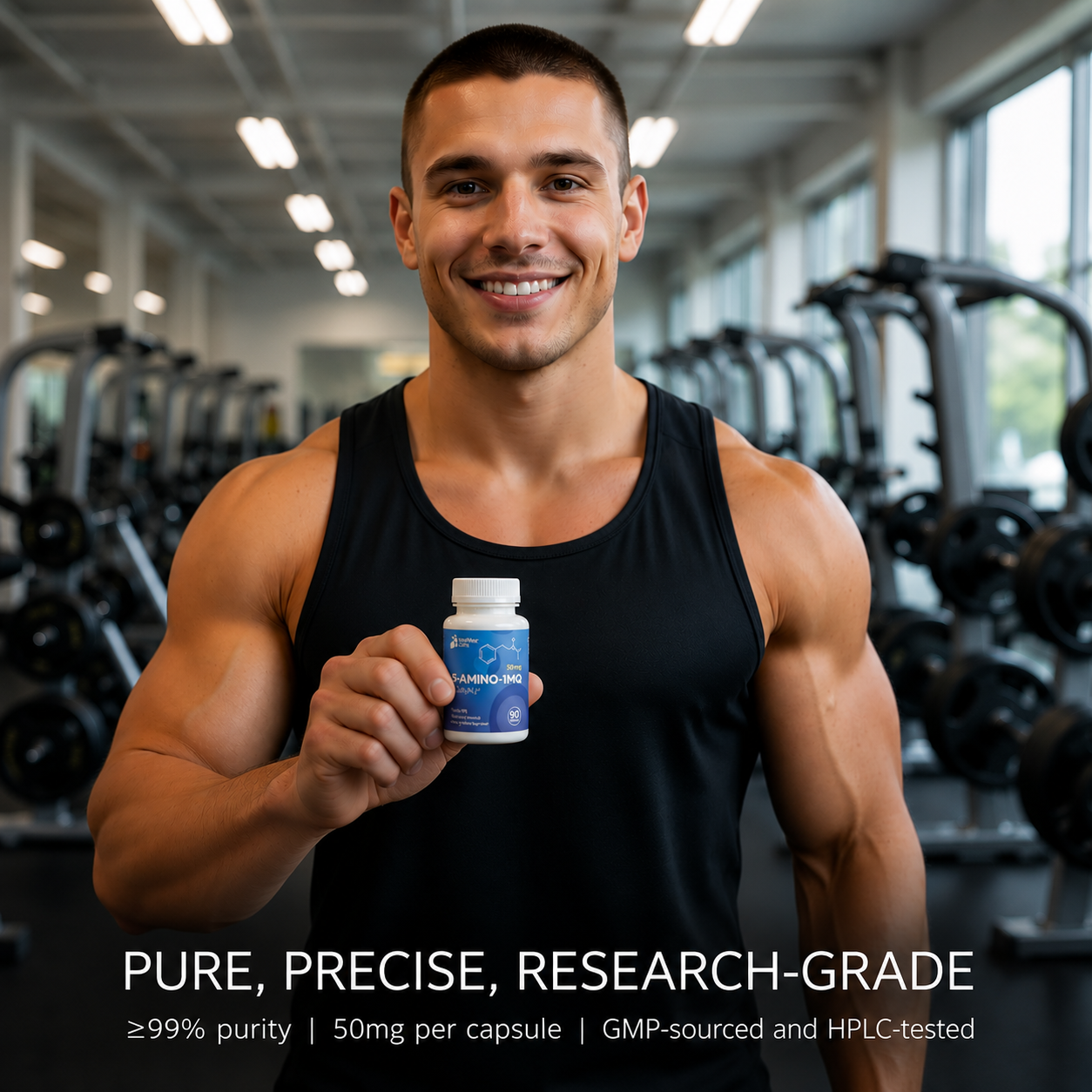 Man holding a bottle of 5-Amino-1MQ in a gym
