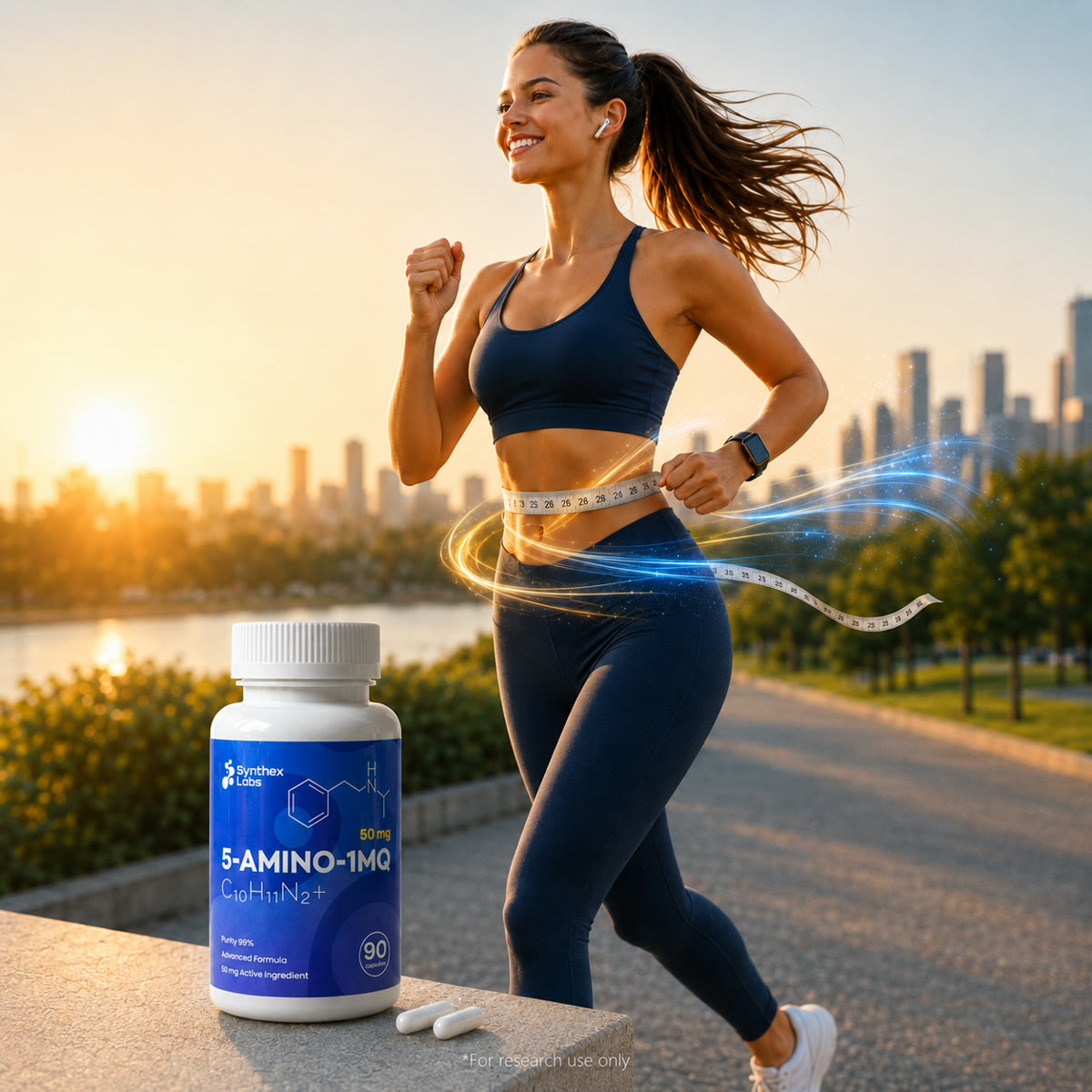 5-Amino-1MQ bottle in the foreground with an active lifestyle scene behind it