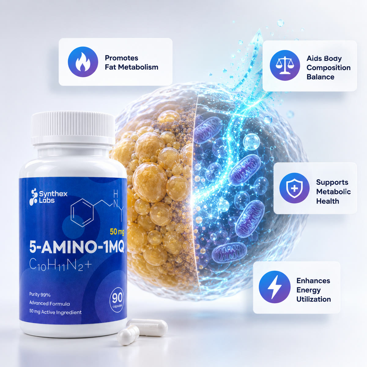 5-Amino-1MQ bottle beside a fat-cell and mitochondria visual with metabolism-related research highlights